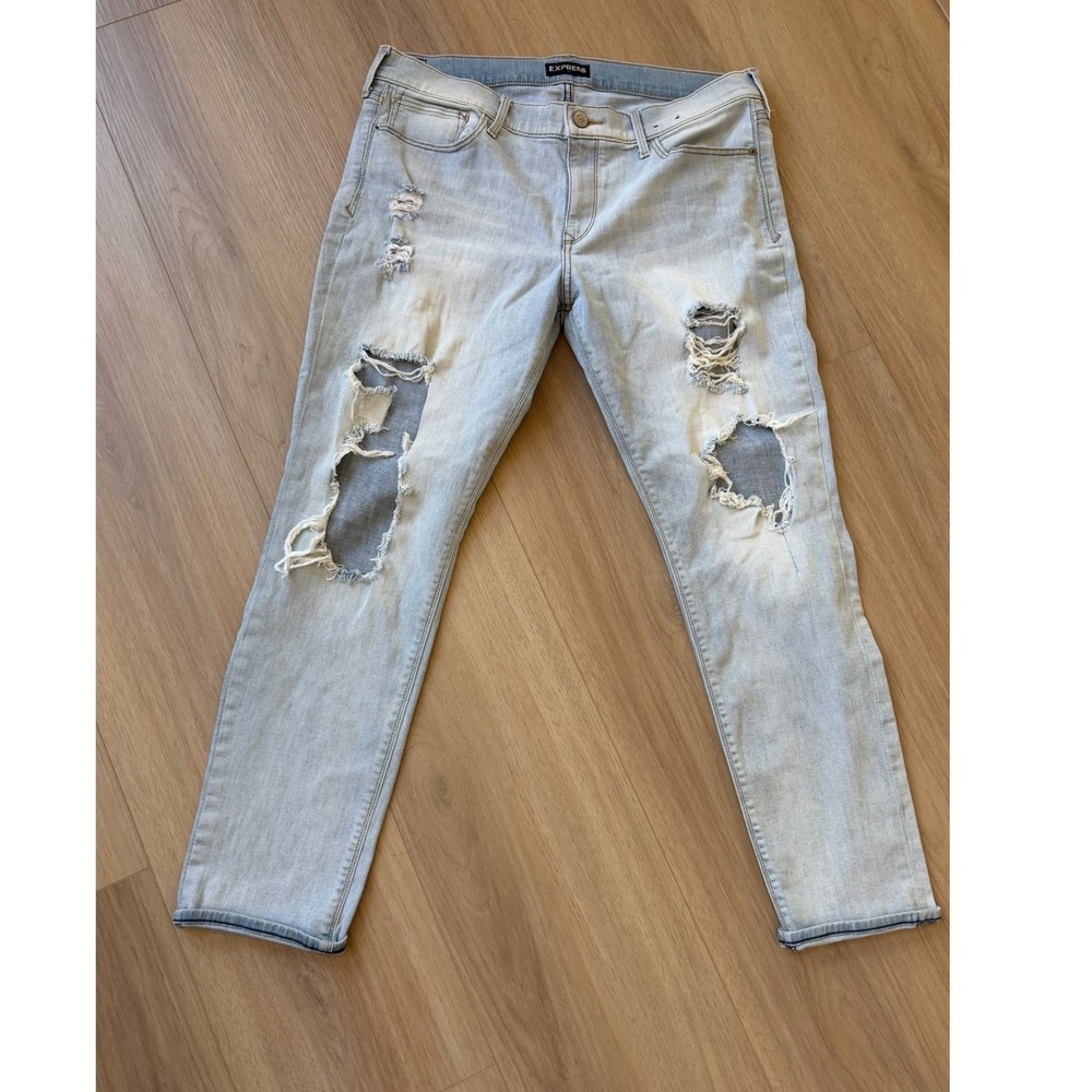 Express Super Skinny Mid Rise Distressed Light Wash Jeans Womens 14R